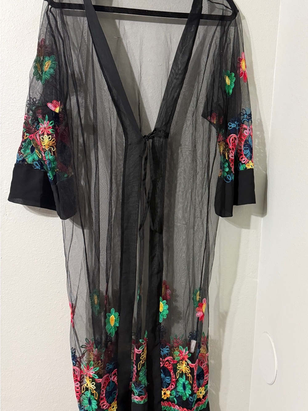 Flowy Sheer Black Embroidered Colorful Floral Long Kimono / Duster M-XL